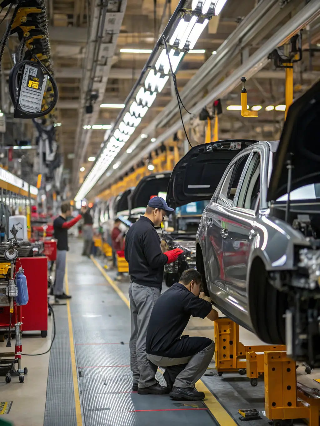 A picturesque view of a European automotive factory, with a focus on the advanced technology and craftsmanship of European vehicles.