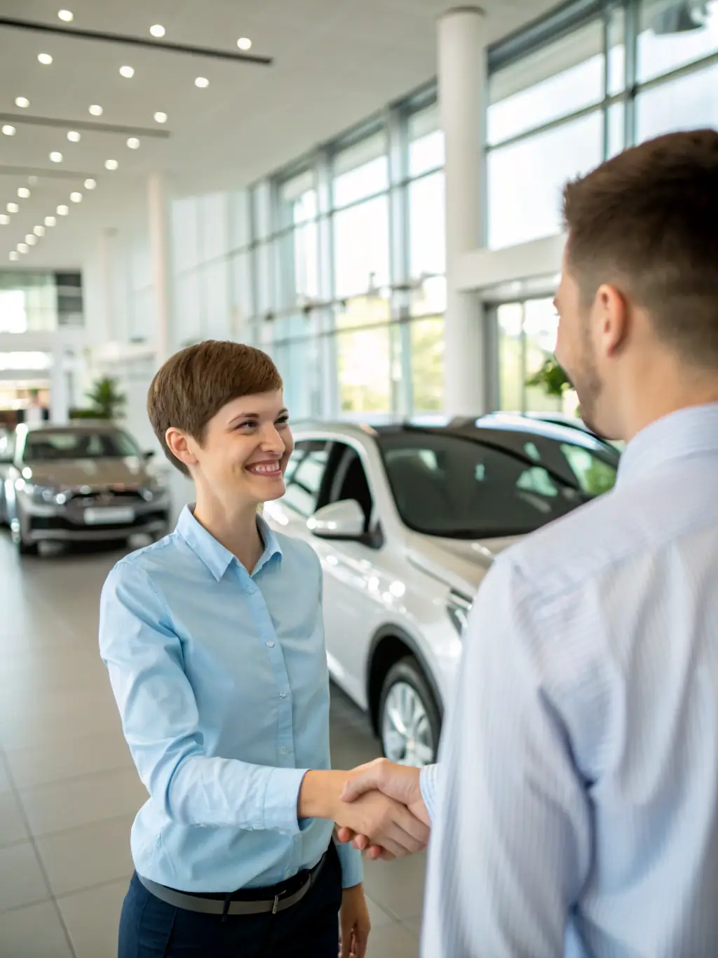 A professional photograph of a V8sports representative negotiating with a car dealer in Dubai, showcasing the sourcing service.