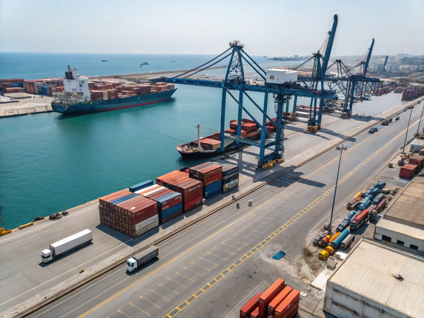 An aerial view of a bustling American port with various vehicles being loaded onto ships, representing V8sports' operations in the USA.