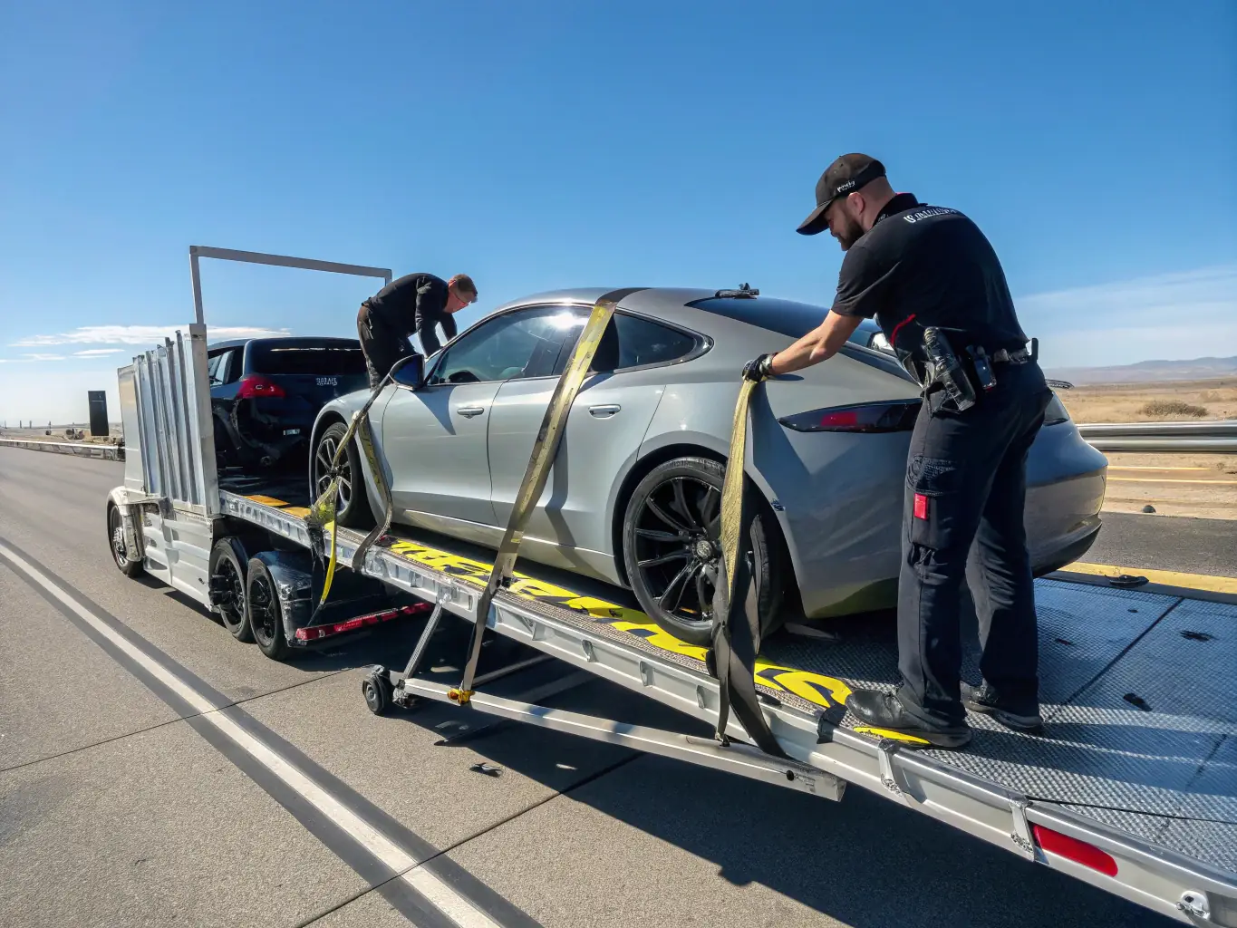 A detailed image featuring a classic American muscle car being loaded onto a transport truck, set against a backdrop of a bustling US port.