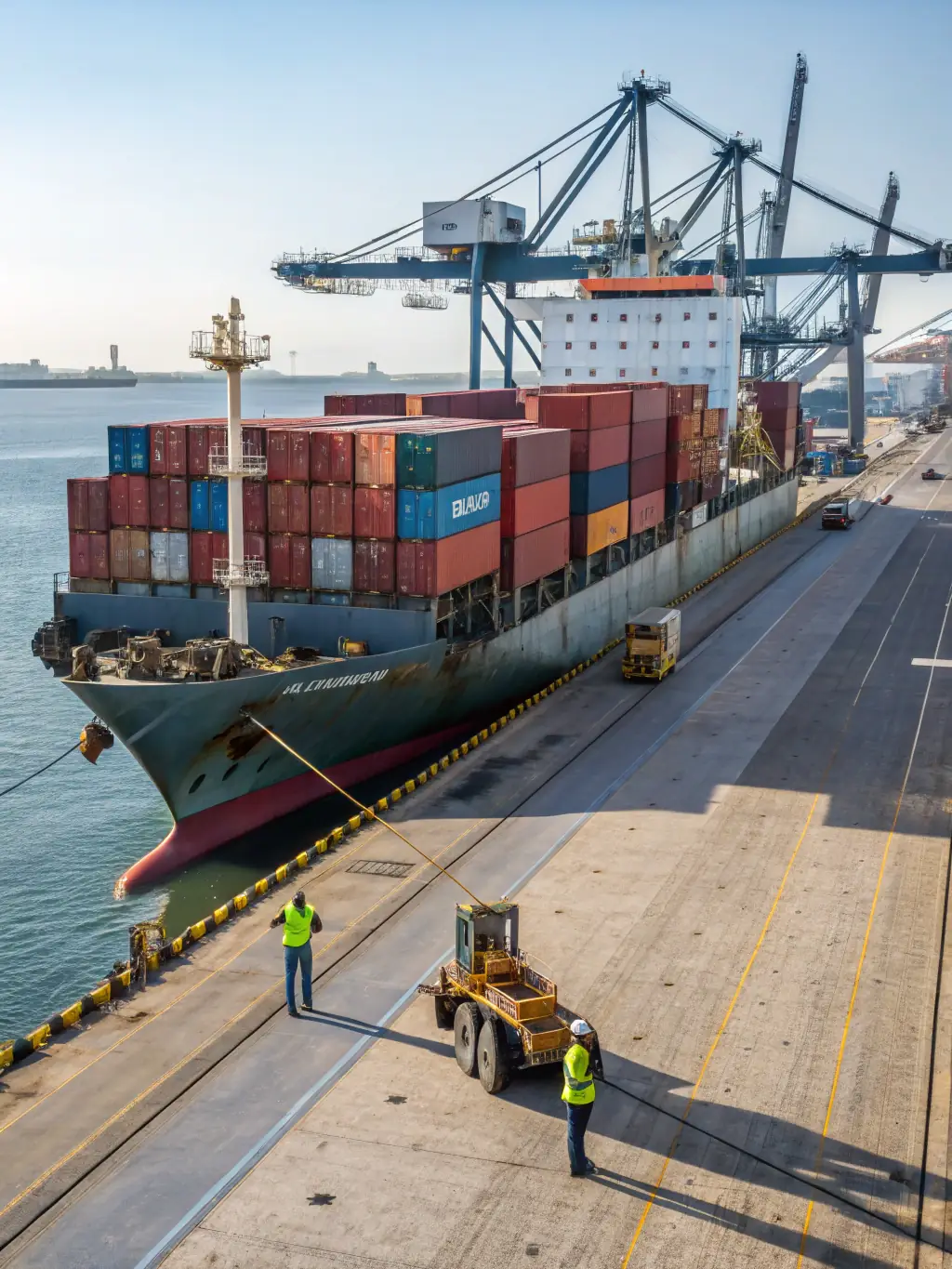 A bustling scene at a US port, with various luxury and classic cars being prepared for export, showcasing the diversity of vehicles handled.