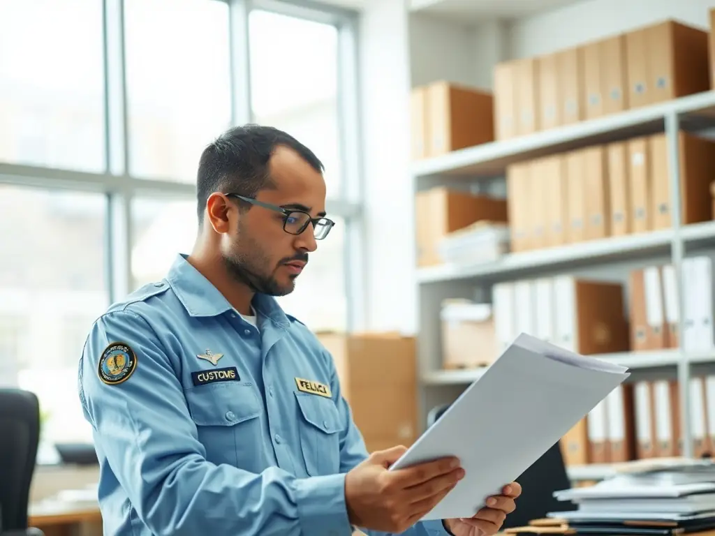 A photograph of customs officials inspecting paperwork with a V8sports representative, highlighting the customs clearance process.