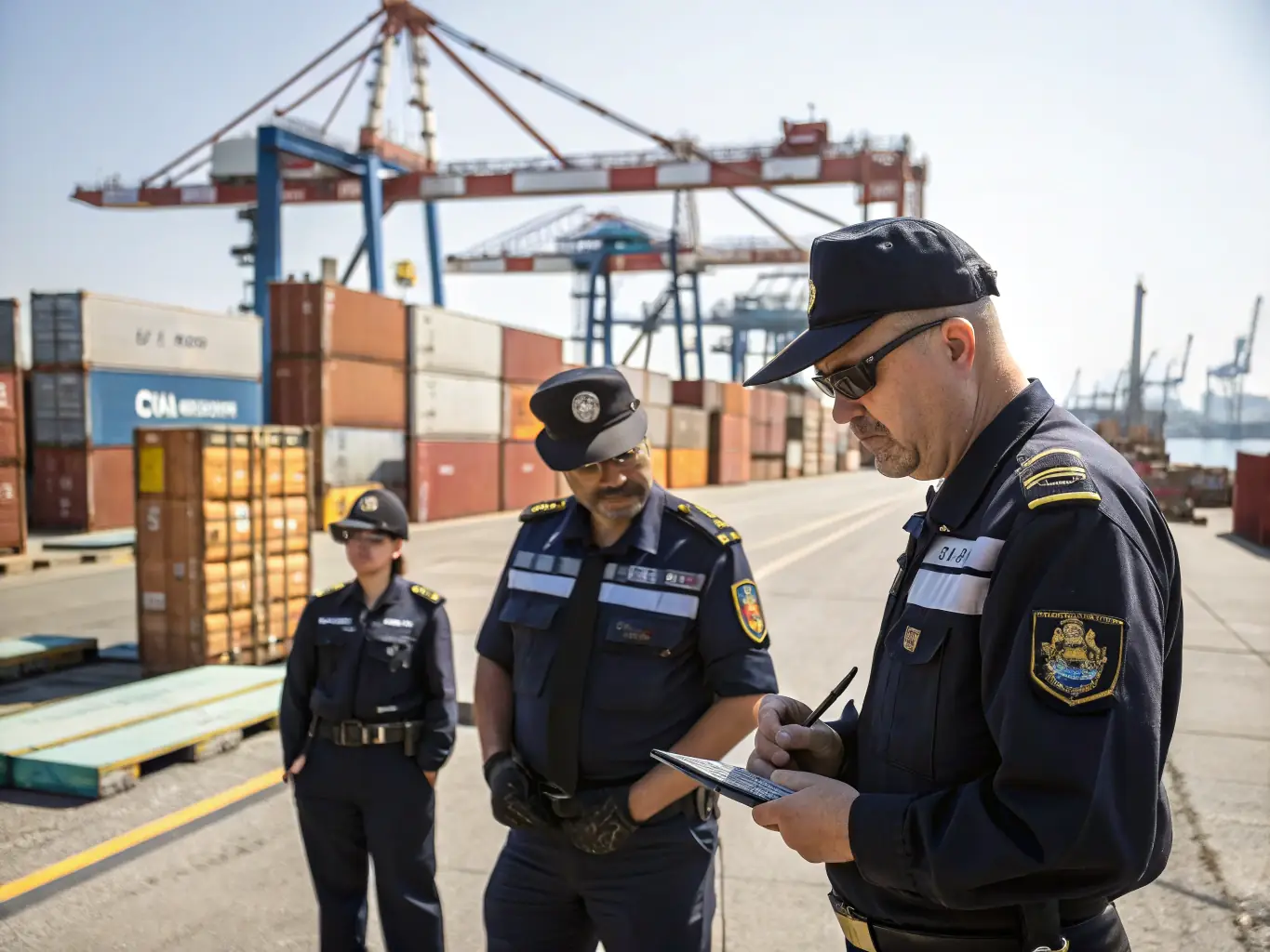 A professional photograph showing a V8sports employee inspecting a vehicle at a Dubai port, with shipping containers in the background, emphasizing the sourcing and inspection process.